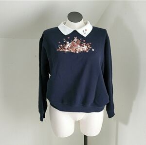 90s Vintage Cats & Autumn Leaves White Collar Navy Blue Pullover Sweatshirt